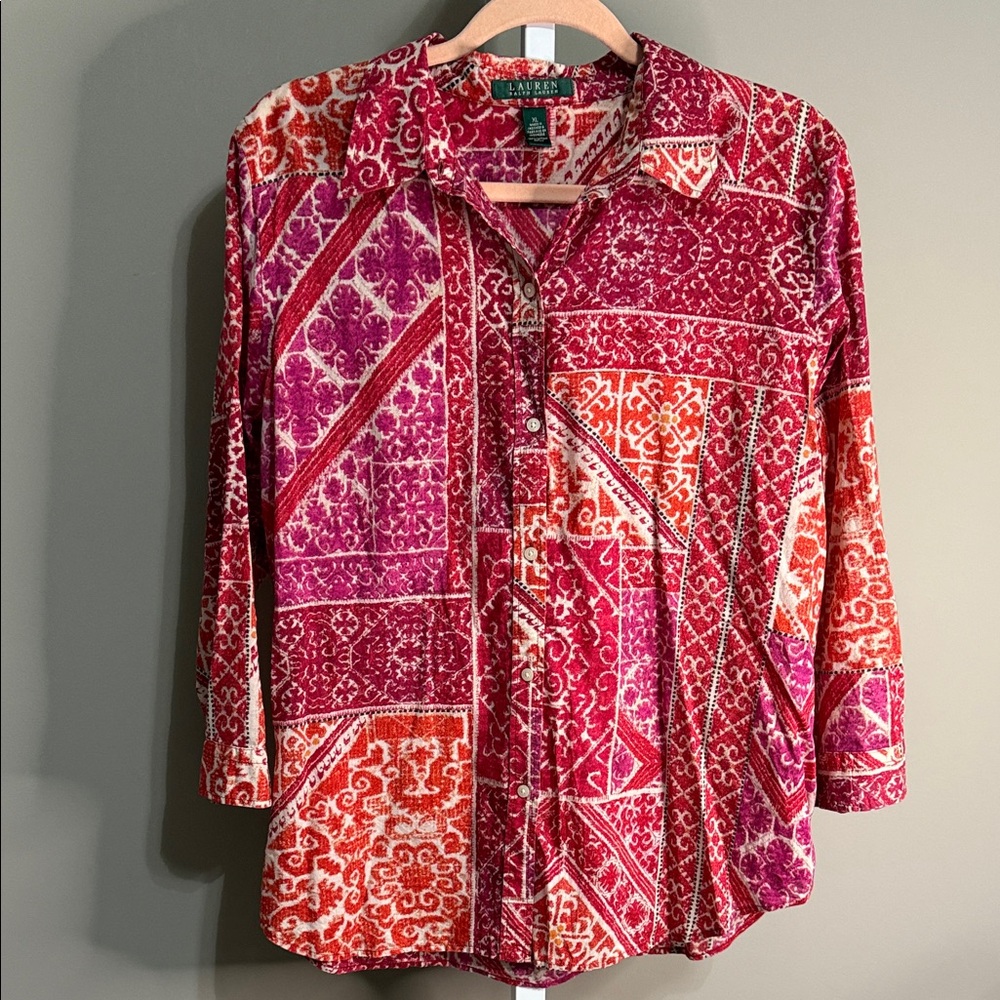 Ralph Lauren‎ Patchwork Print Boho Blouse XL Pink/Red Vintage Long Sleeve